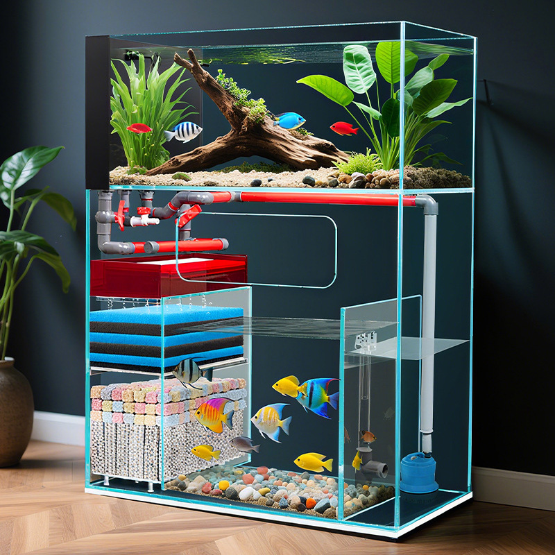 Smart Home Living Room - Doppelschichtiges Freistehendes Ultraklares Glasfilter-Aquarium mit Integrierter