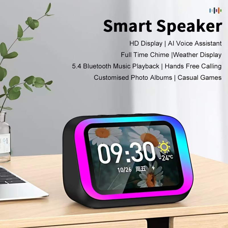 Smart Home Panel - KI-Sprachassistent Bluetooth-Lautsprecher mit RGB-Farbbeleuchtung, Wecker, LED-Bildschirm,